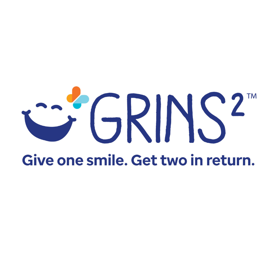 Grins² smile logo and name over the slogan "Give one smile. Get two in return."