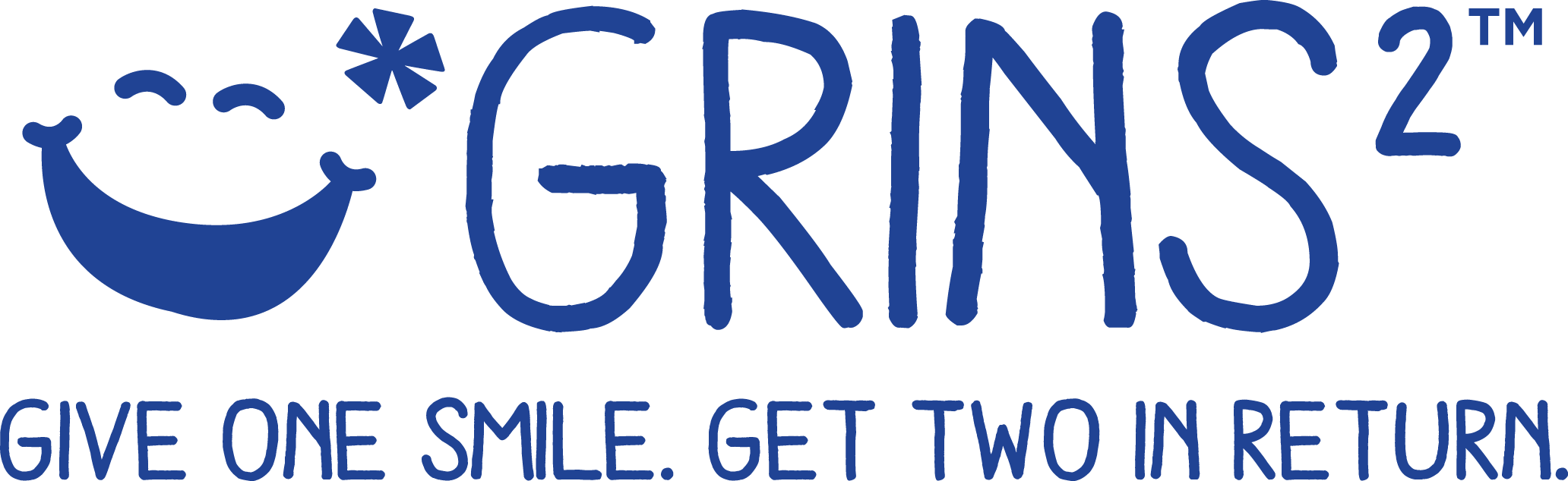 Grins2 logo with smiley face and text reads Give One Smile. Get Two in Return.