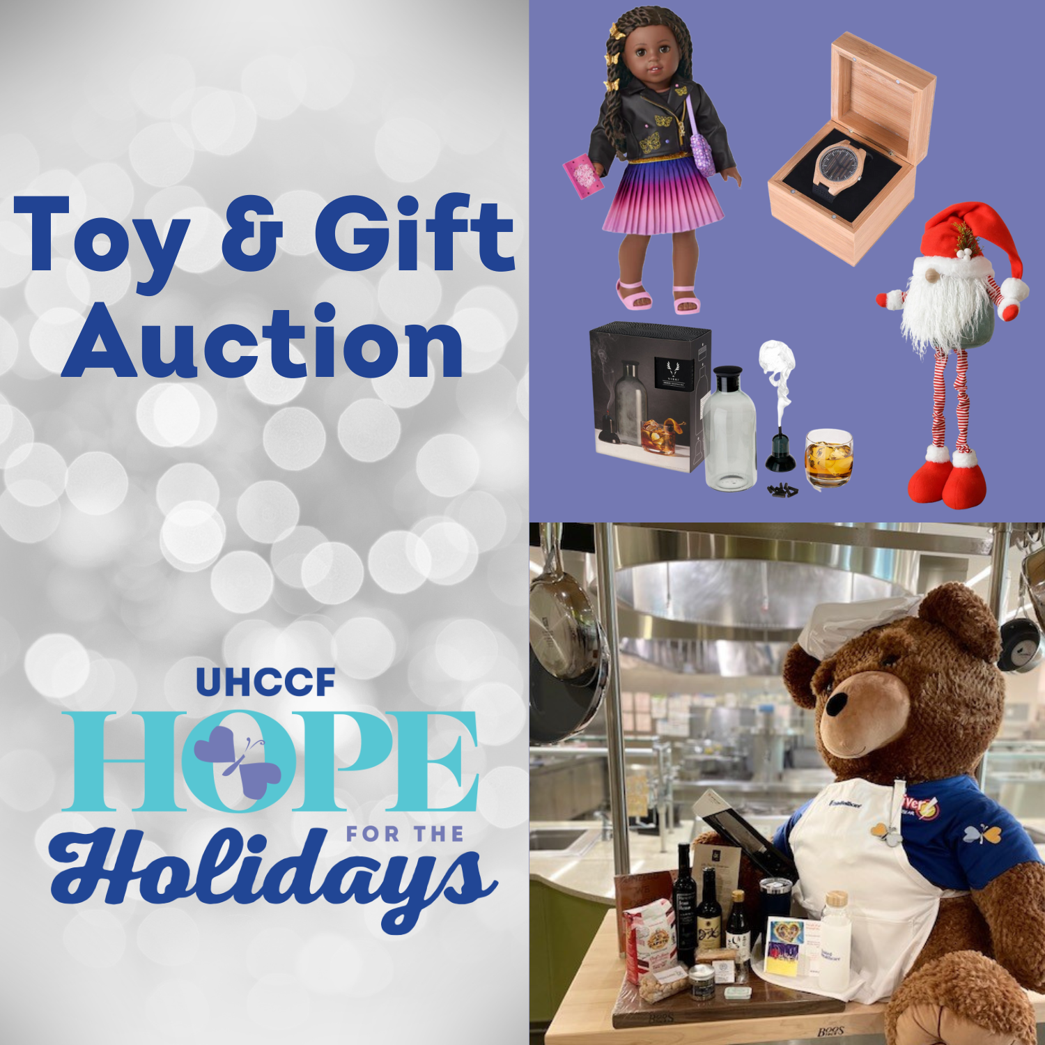 Toy and Auction Hope for the Holidays image with toys and Oliver Bear